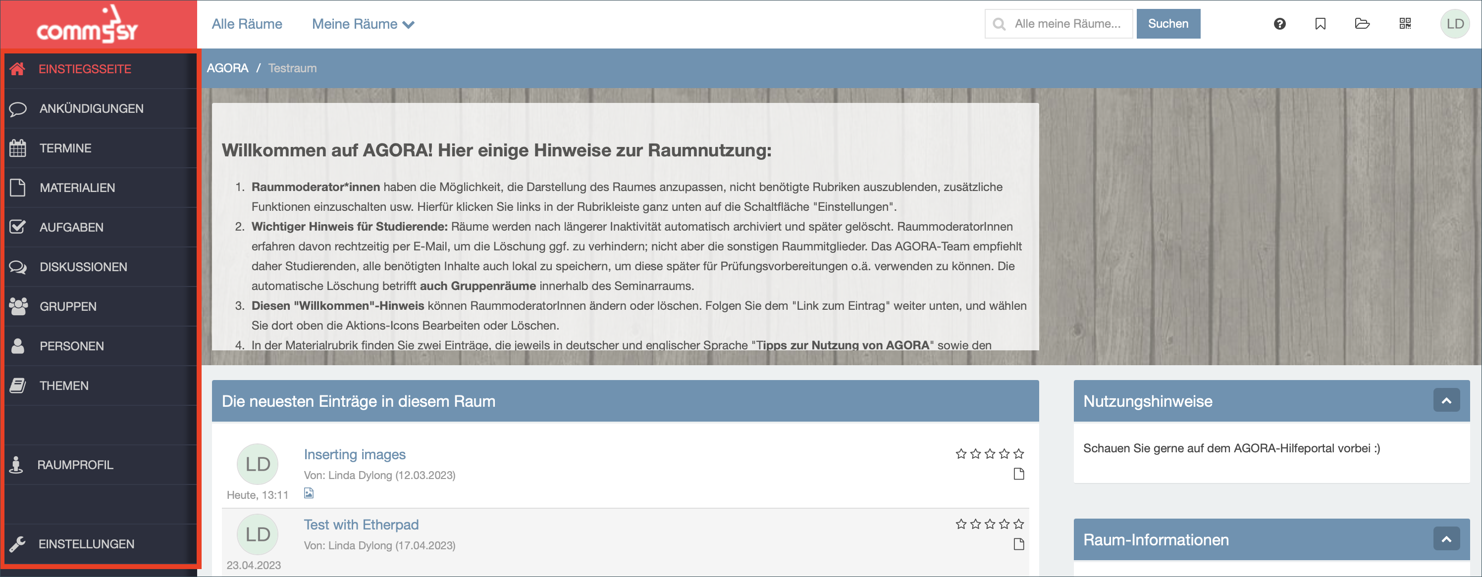 Home'-Seite Ihres Raumes. Links das Menü 'Rubriken' hervorgehoben.