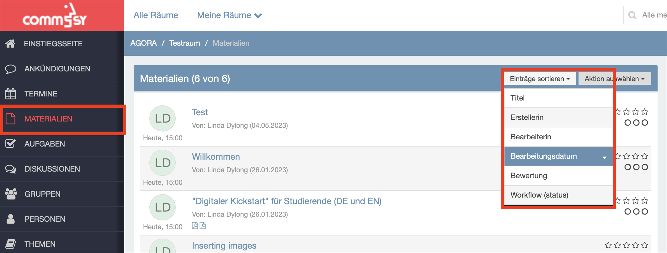 Screenshot der Rubrik 'Materialien' , Drop-Down Menü für die Sortierung von Materialien