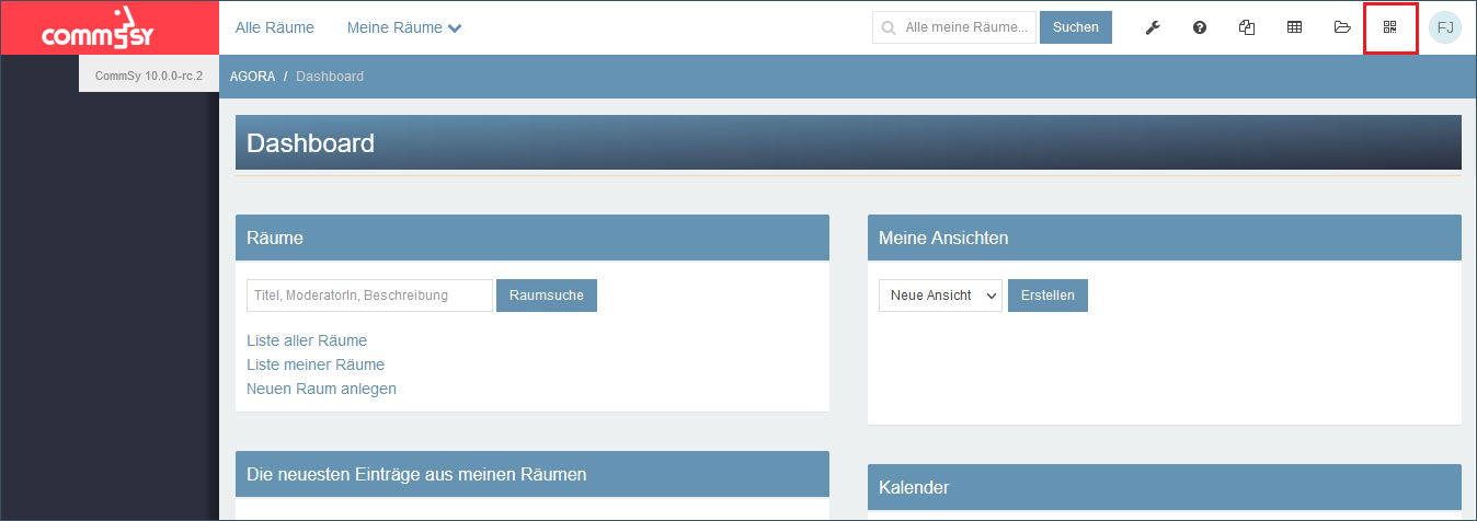 Screenshot persönliches Dashboard  'Meine Einstiegsseite'. Mit Kategorien: Räume, neueste Einträge, Kalender. 