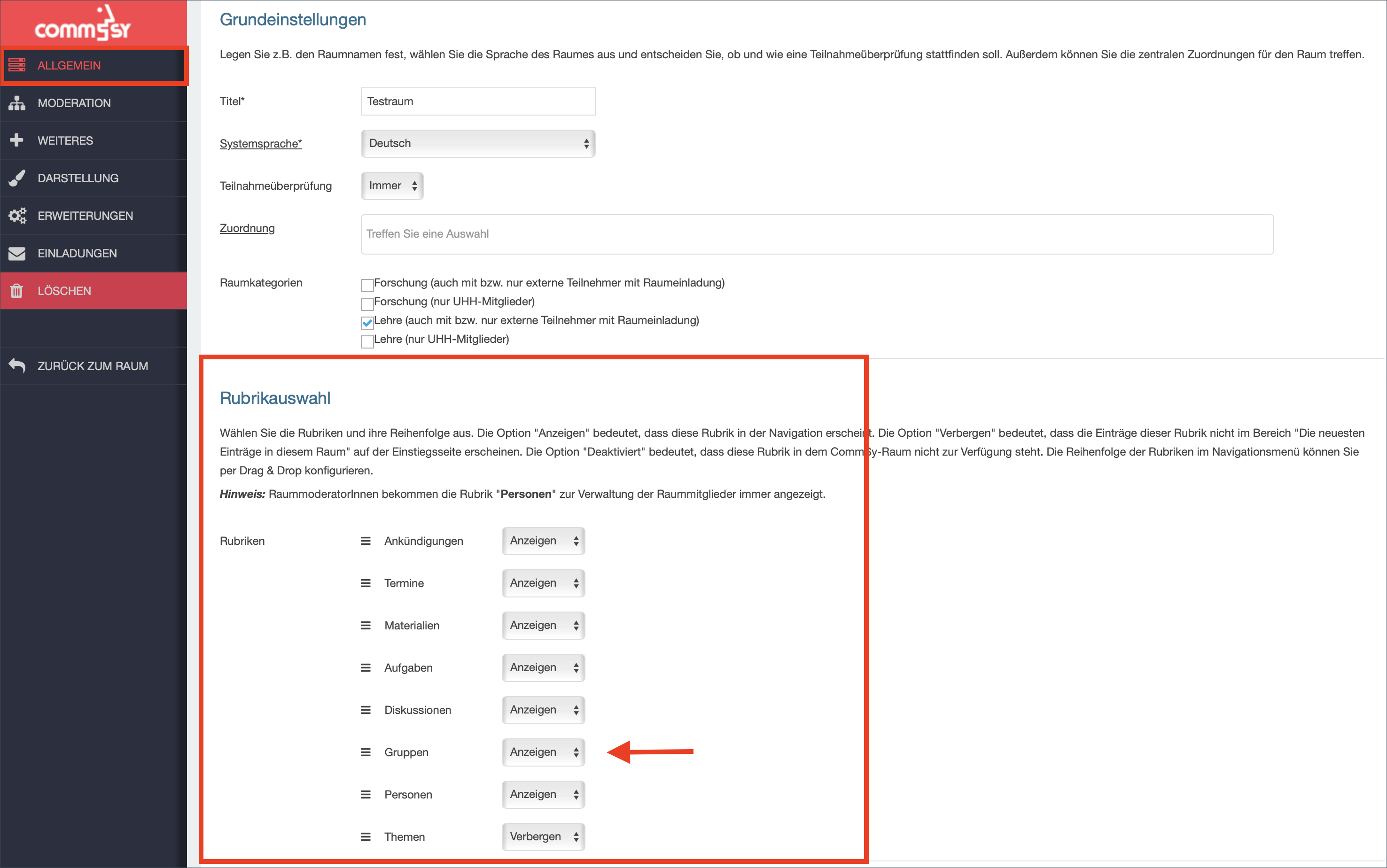 Drop-Down-Menü für Einstellungen im Gruppenraum