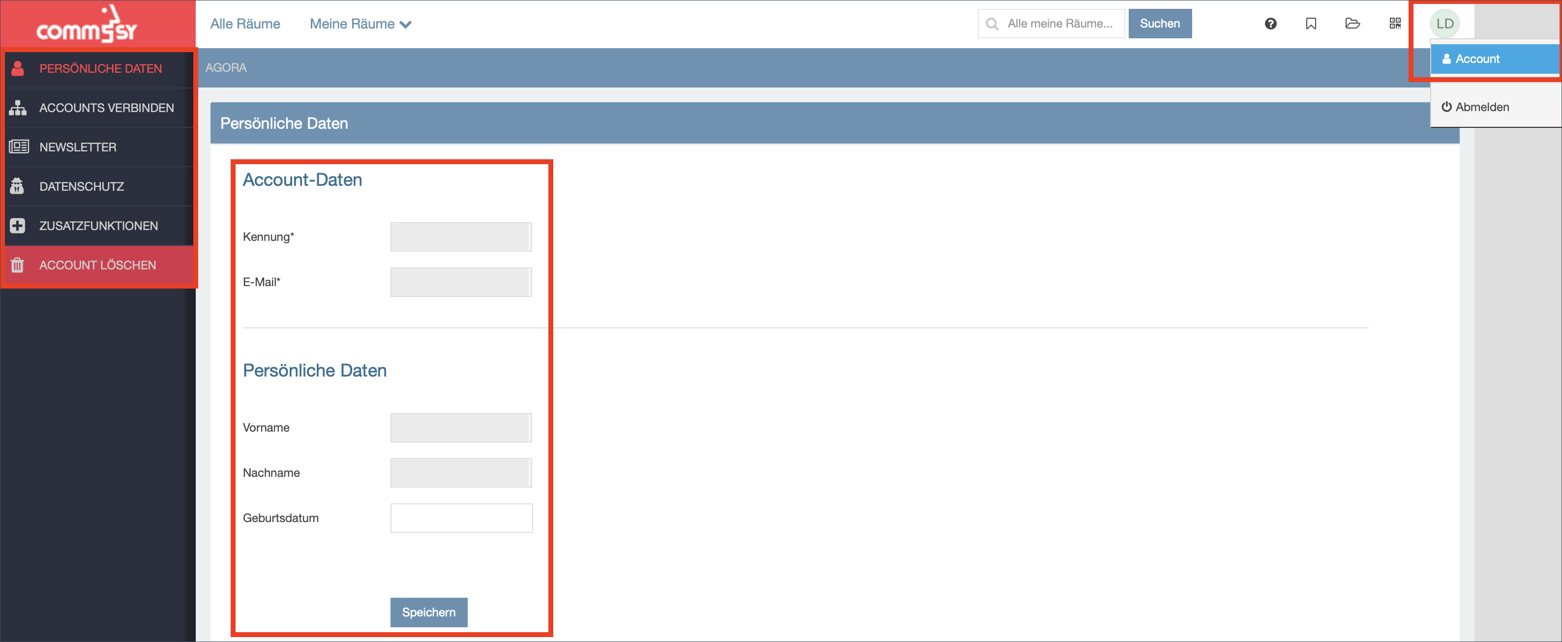 Eingabeformular 'Account Daten' und 'Persönliche Daten'.