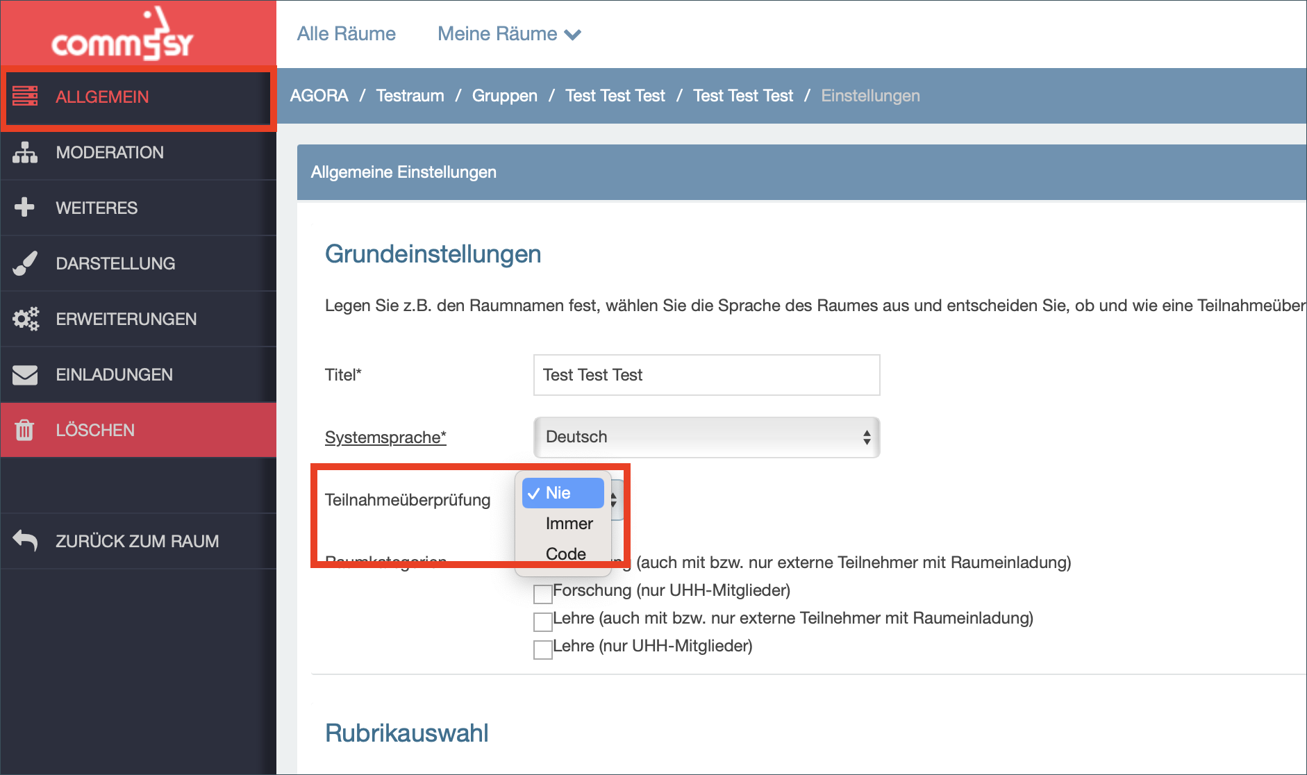 Ansicht der Gruppeneinstellungen und des Drop-Down Menüs für die Teilnahmeüberprüfung 