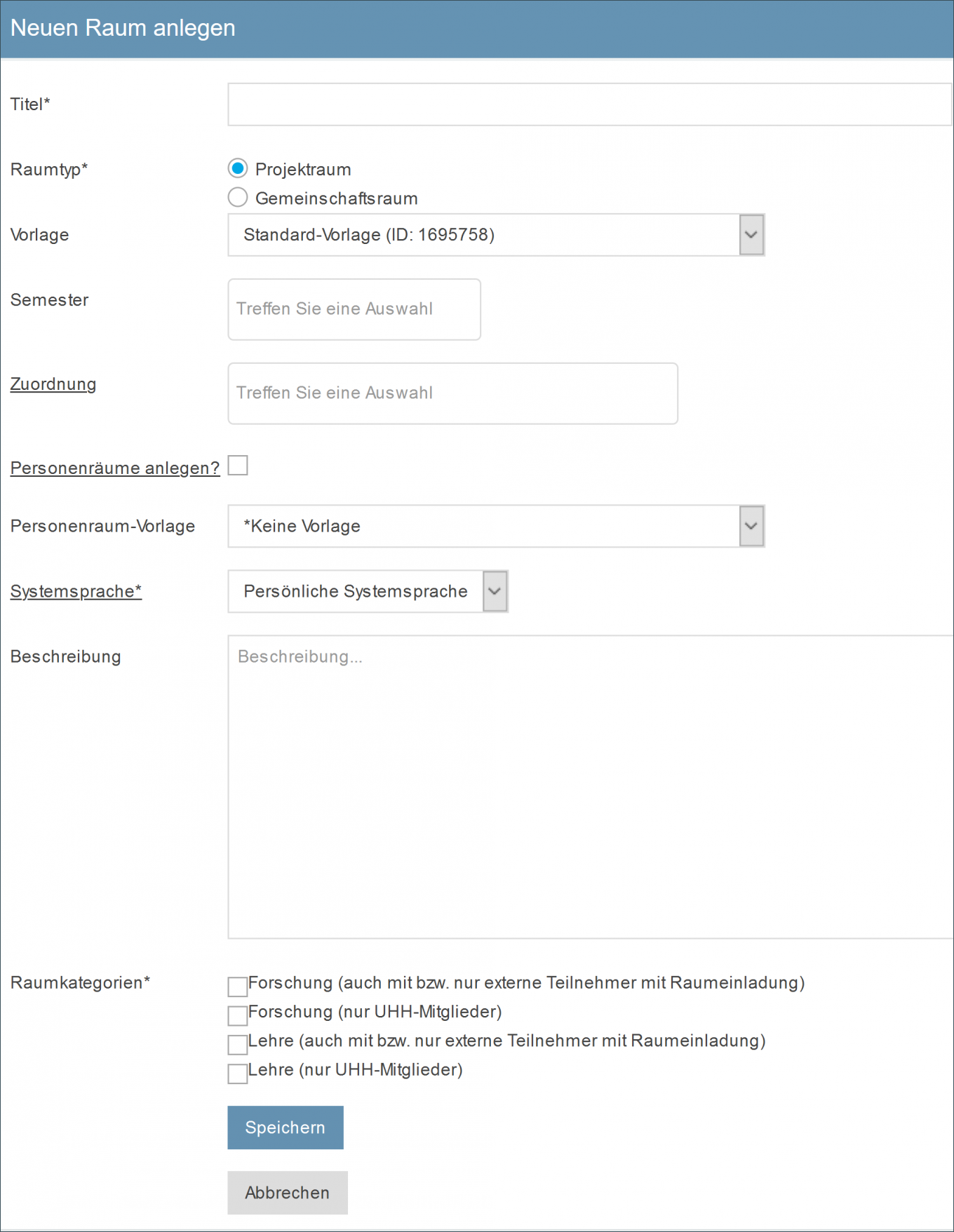 Eingabeformular 'Projektraum neu eröffnen'. Mit Einstellungen zu Titel, Raumtyp und Systemsprache, Raumkategorie und einem Beschreibungsfeld.