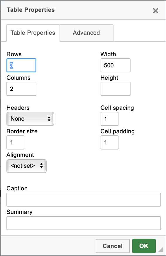 Screenshot: Tables properties menu