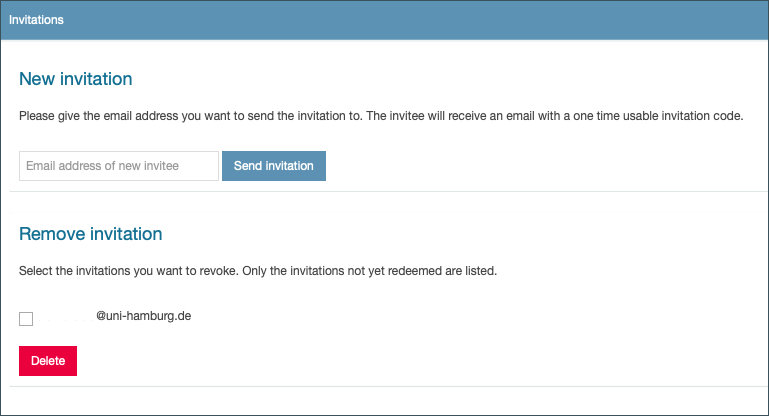 Screenshot: rubrics list of the settings menu with a highlight on the 'invitations' option