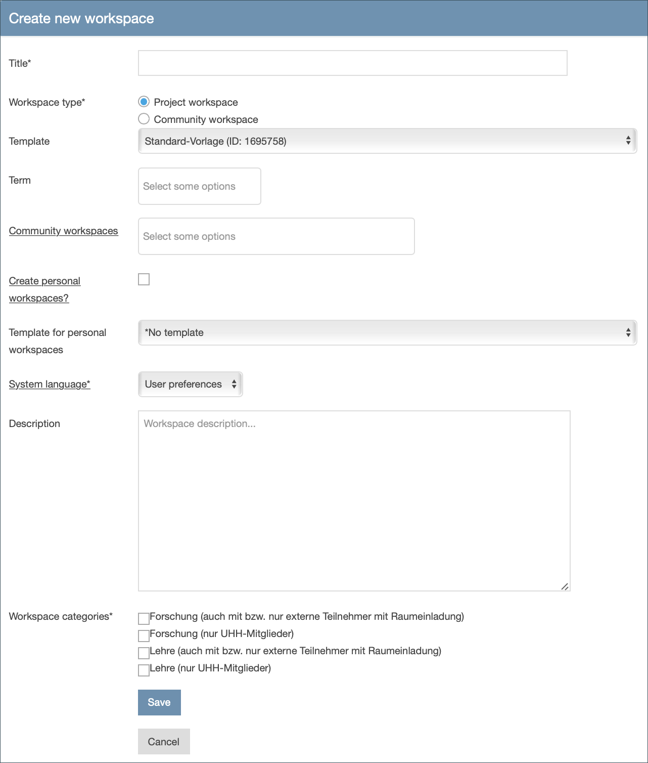 Screenshot: Create new workspace form 