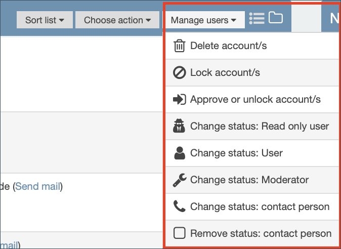 Screenshot: overview of the 'manage users' options menu on the top right
