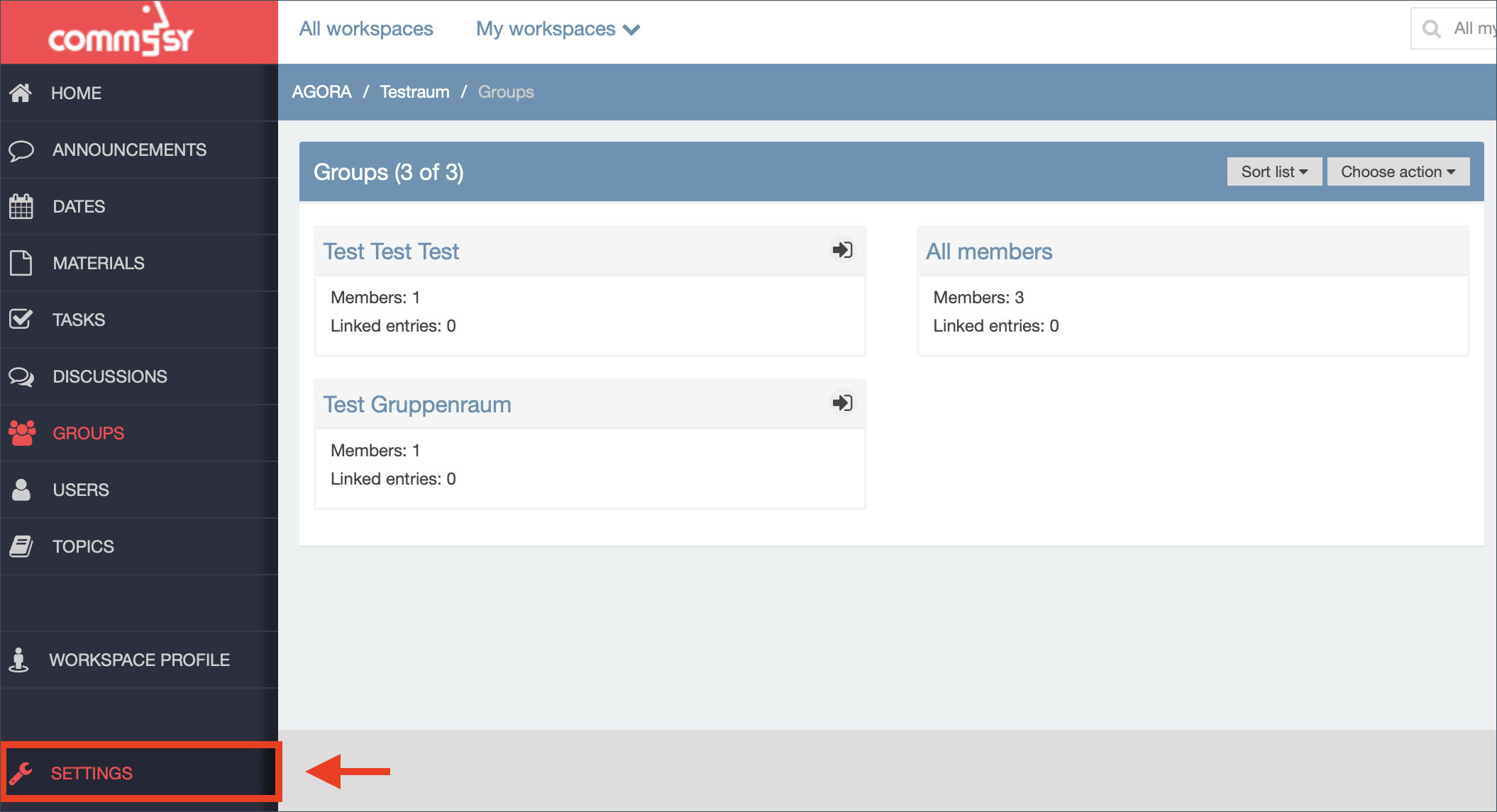 Screenshot: workspace 'groups' section on the rubric list with a highlight on the 'settings' option 