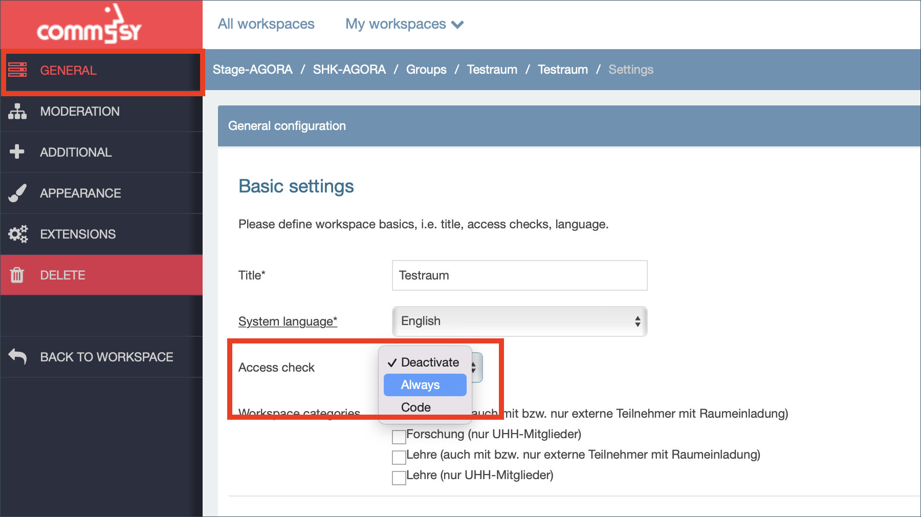 Screenshot: settings section of the workspace with a highlight on the 'access check' drop down menu of the basic settings menu