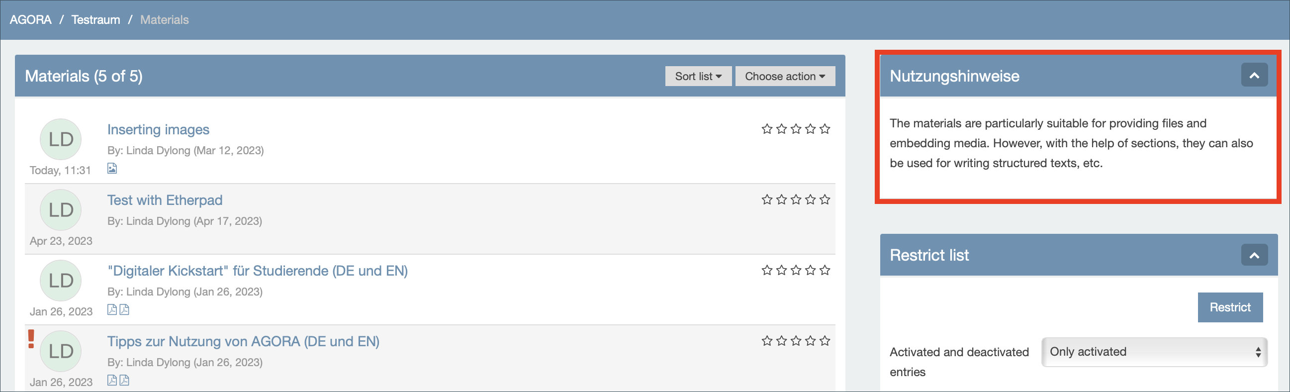 Screenshot: materials rubrics with a highlight on the 'Nutzungshinweise' at the top right